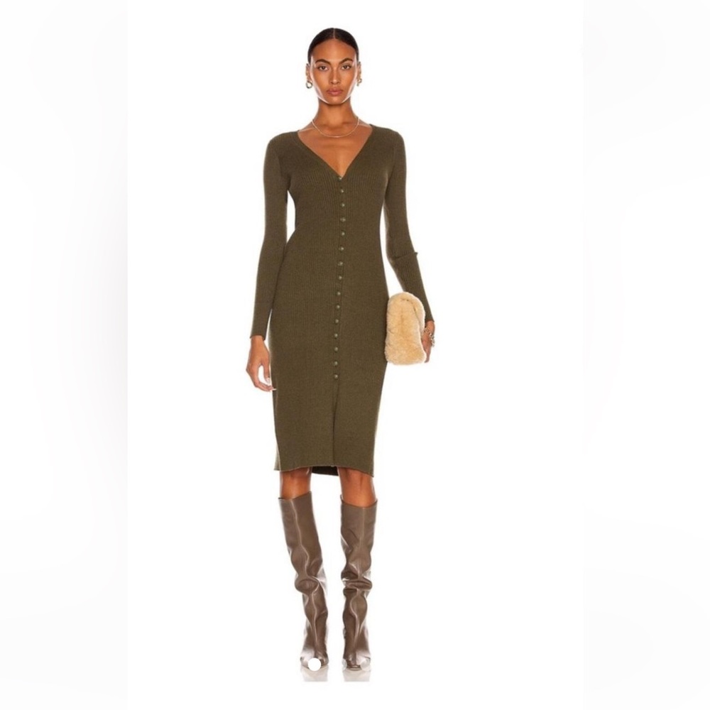 L'AGENCE Green Long Sleeve V-Neck Bodycon Dress
